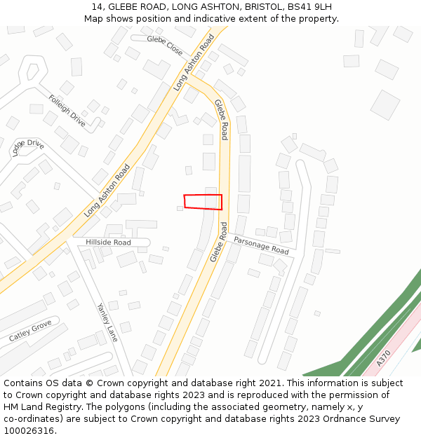 14, GLEBE ROAD, LONG ASHTON, BRISTOL, BS41 9LH: Location map and indicative extent of plot