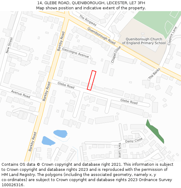 14, GLEBE ROAD, QUENIBOROUGH, LEICESTER, LE7 3FH: Location map and indicative extent of plot