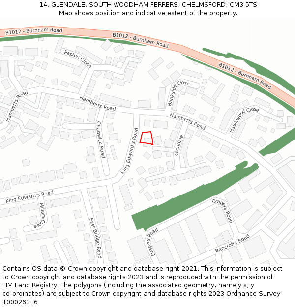 14, GLENDALE, SOUTH WOODHAM FERRERS, CHELMSFORD, CM3 5TS: Location map and indicative extent of plot