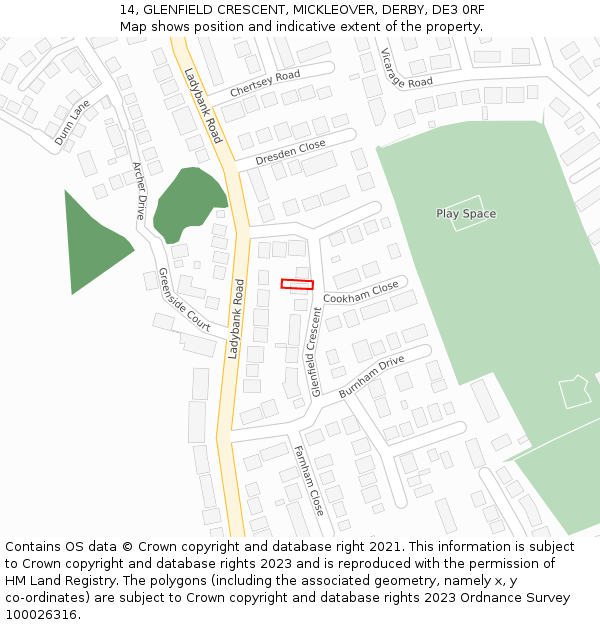 14, GLENFIELD CRESCENT, MICKLEOVER, DERBY, DE3 0RF: Location map and indicative extent of plot