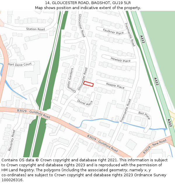 14, GLOUCESTER ROAD, BAGSHOT, GU19 5LR: Location map and indicative extent of plot