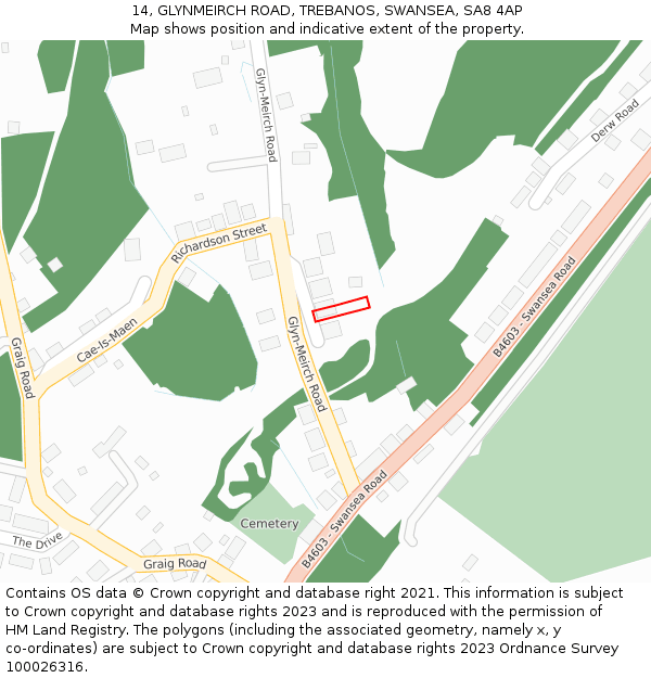 14, GLYNMEIRCH ROAD, TREBANOS, SWANSEA, SA8 4AP: Location map and indicative extent of plot