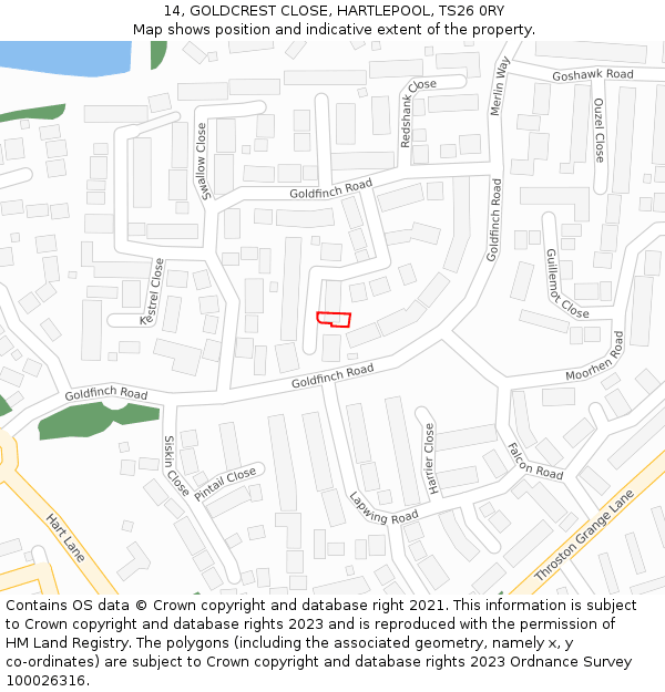 14, GOLDCREST CLOSE, HARTLEPOOL, TS26 0RY: Location map and indicative extent of plot