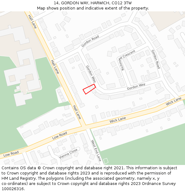 14, GORDON WAY, HARWICH, CO12 3TW: Location map and indicative extent of plot