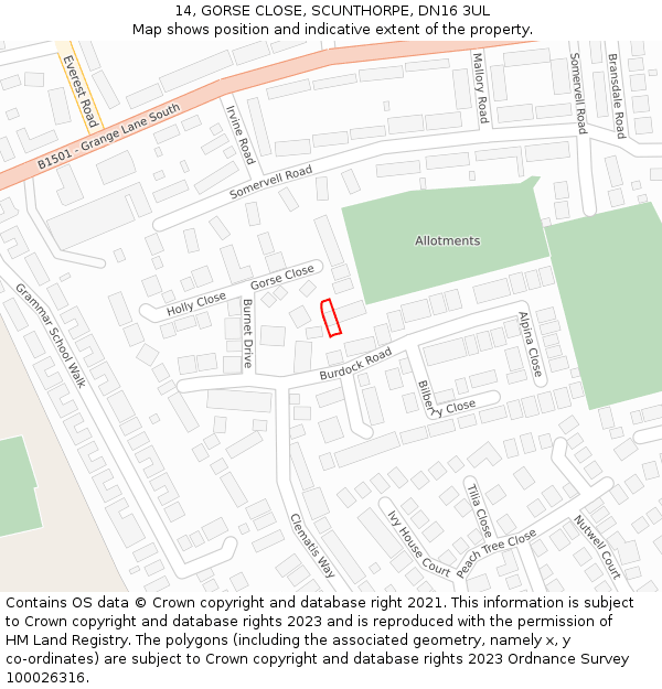 14, GORSE CLOSE, SCUNTHORPE, DN16 3UL: Location map and indicative extent of plot