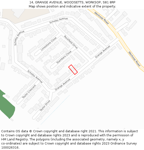 14, GRANGE AVENUE, WOODSETTS, WORKSOP, S81 8RP: Location map and indicative extent of plot