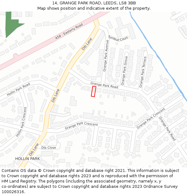 14, GRANGE PARK ROAD, LEEDS, LS8 3BB: Location map and indicative extent of plot