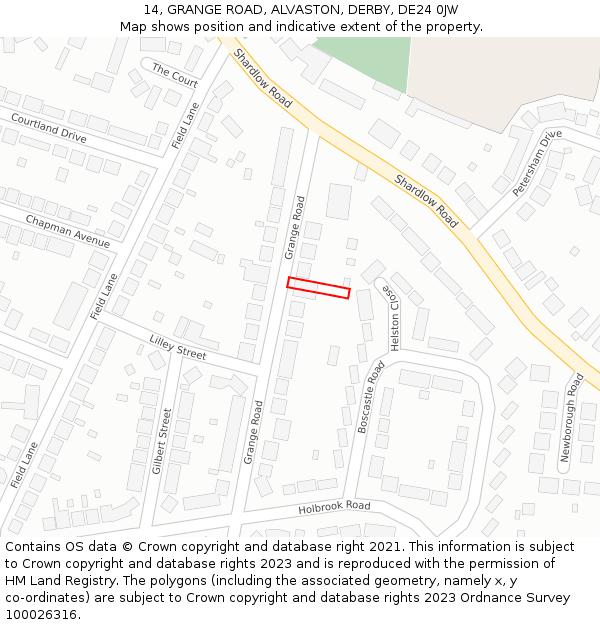 14, GRANGE ROAD, ALVASTON, DERBY, DE24 0JW: Location map and indicative extent of plot