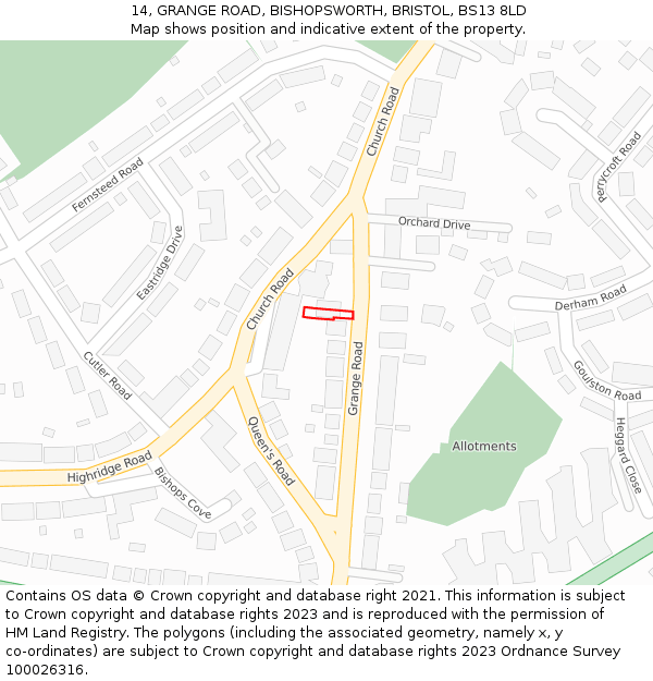 14, GRANGE ROAD, BISHOPSWORTH, BRISTOL, BS13 8LD: Location map and indicative extent of plot