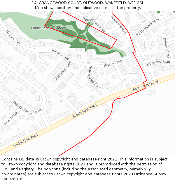 14, GRANGEWOOD COURT, OUTWOOD, WAKEFIELD, WF1 3SL: Location map and indicative extent of plot