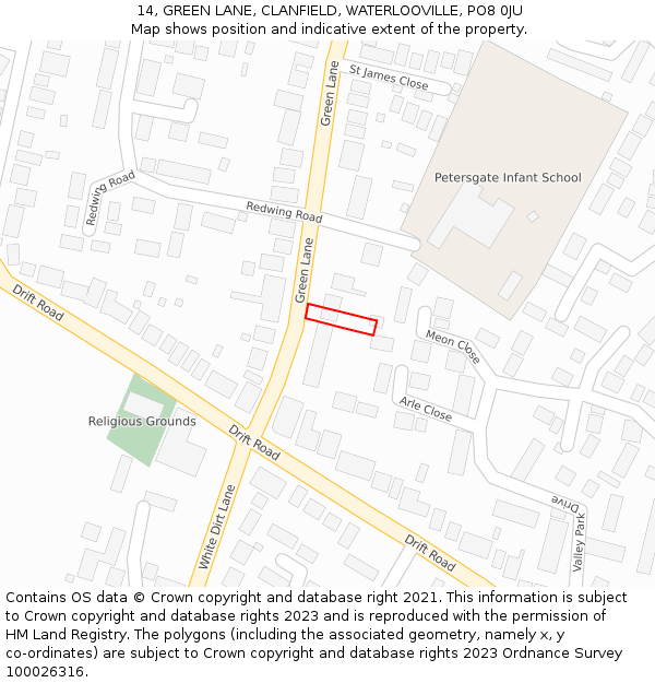 14, GREEN LANE, CLANFIELD, WATERLOOVILLE, PO8 0JU: Location map and indicative extent of plot