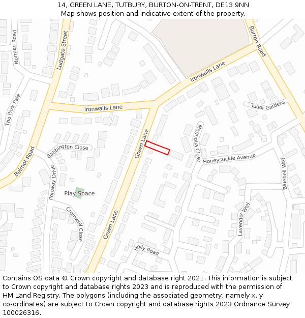 14, GREEN LANE, TUTBURY, BURTON-ON-TRENT, DE13 9NN: Location map and indicative extent of plot