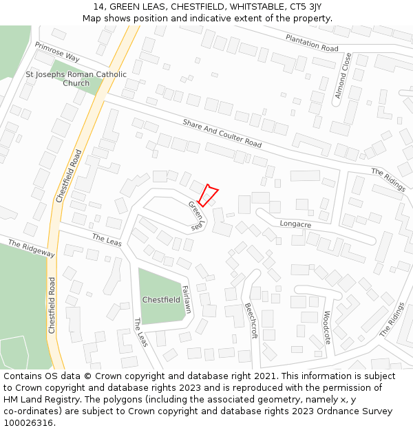 14, GREEN LEAS, CHESTFIELD, WHITSTABLE, CT5 3JY: Location map and indicative extent of plot