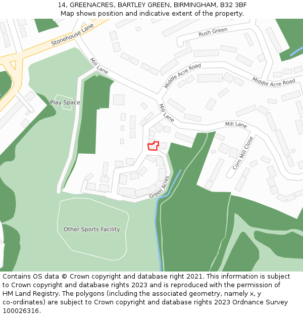 14, GREENACRES, BARTLEY GREEN, BIRMINGHAM, B32 3BF: Location map and indicative extent of plot