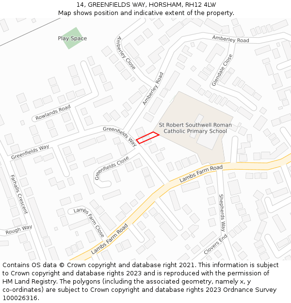 14, GREENFIELDS WAY, HORSHAM, RH12 4LW: Location map and indicative extent of plot