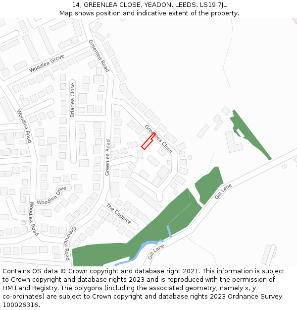 14, GREENLEA CLOSE, YEADON, LEEDS, LS19 7JL: Location map and indicative extent of plot