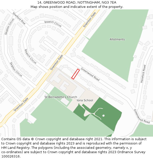 14, GREENWOOD ROAD, NOTTINGHAM, NG3 7EA: Location map and indicative extent of plot