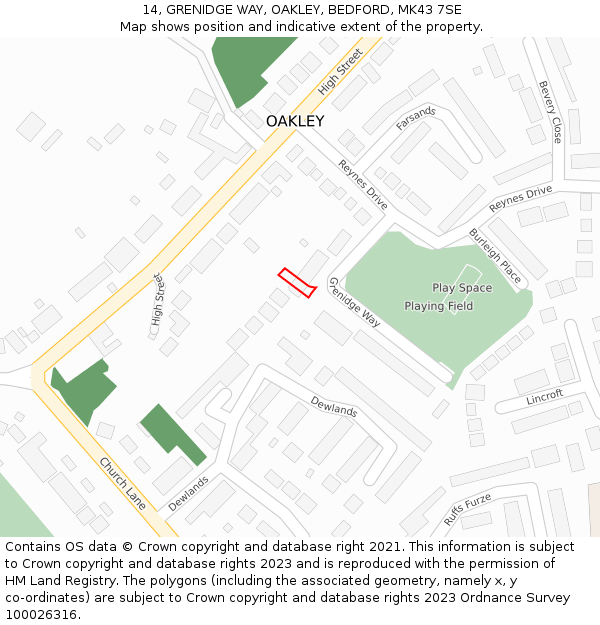 14, GRENIDGE WAY, OAKLEY, BEDFORD, MK43 7SE: Location map and indicative extent of plot