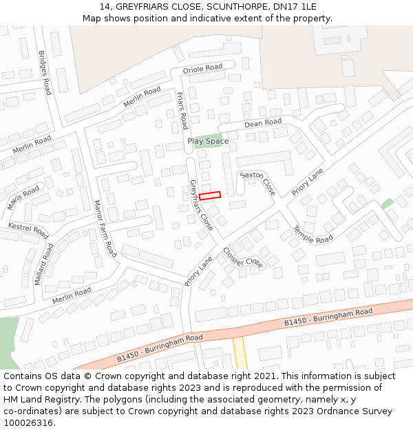 14, GREYFRIARS CLOSE, SCUNTHORPE, DN17 1LE: Location map and indicative extent of plot