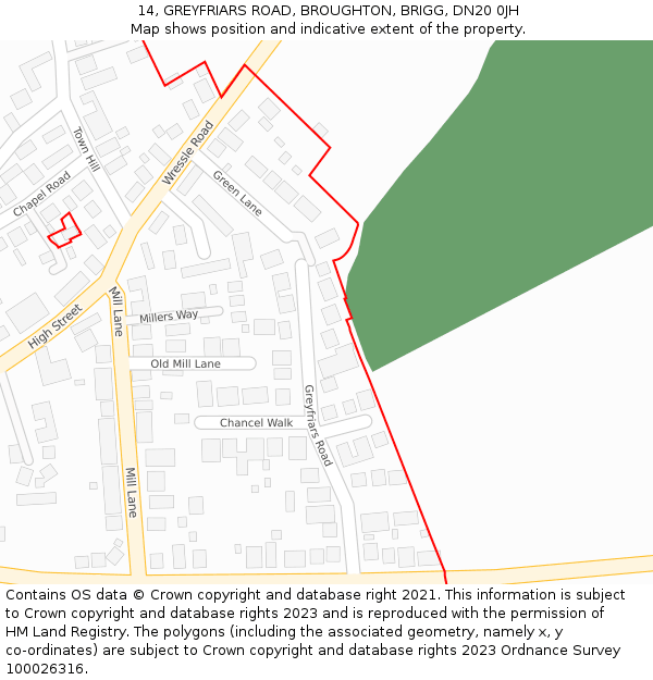 14, GREYFRIARS ROAD, BROUGHTON, BRIGG, DN20 0JH: Location map and indicative extent of plot