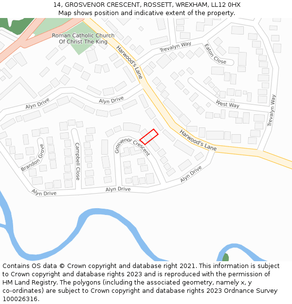 14, GROSVENOR CRESCENT, ROSSETT, WREXHAM, LL12 0HX: Location map and indicative extent of plot