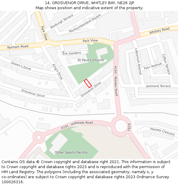 14, GROSVENOR DRIVE, WHITLEY BAY, NE26 2JP: Location map and indicative extent of plot