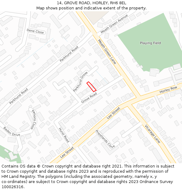 14, GROVE ROAD, HORLEY, RH6 8EL: Location map and indicative extent of plot