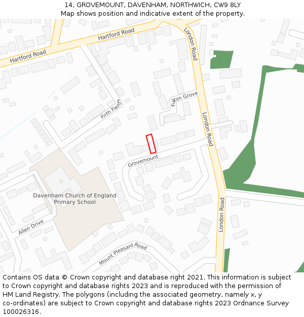 14, GROVEMOUNT, DAVENHAM, NORTHWICH, CW9 8LY: Location map and indicative extent of plot