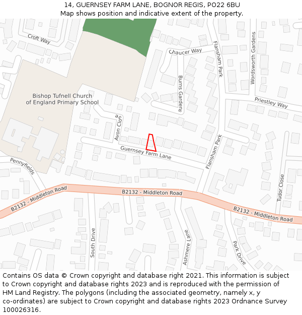 14, GUERNSEY FARM LANE, BOGNOR REGIS, PO22 6BU: Location map and indicative extent of plot