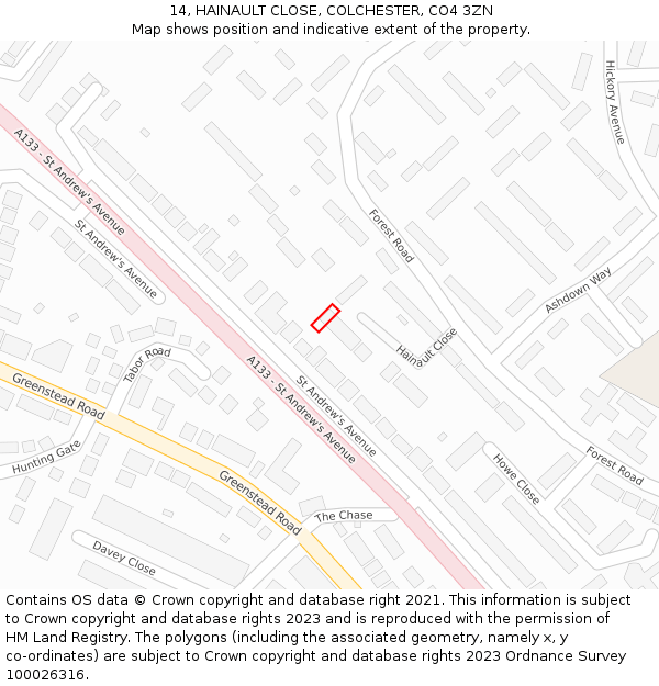 14, HAINAULT CLOSE, COLCHESTER, CO4 3ZN: Location map and indicative extent of plot