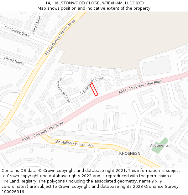 14, HALSTONWOOD CLOSE, WREXHAM, LL13 9XD: Location map and indicative extent of plot