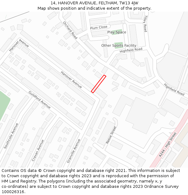 14, HANOVER AVENUE, FELTHAM, TW13 4JW: Location map and indicative extent of plot