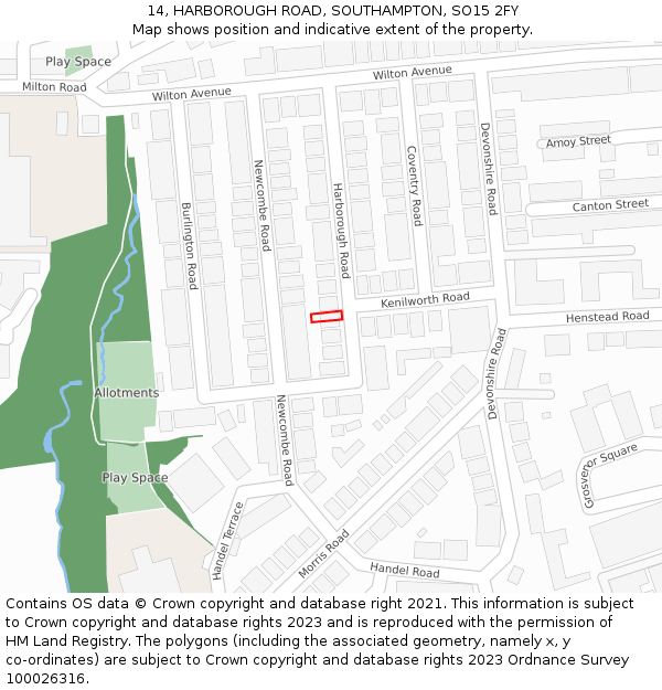 14, HARBOROUGH ROAD, SOUTHAMPTON, SO15 2FY: Location map and indicative extent of plot