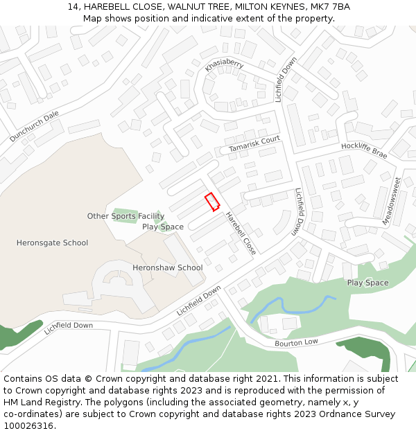 14, HAREBELL CLOSE, WALNUT TREE, MILTON KEYNES, MK7 7BA: Location map and indicative extent of plot