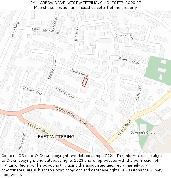 14, HARROW DRIVE, WEST WITTERING, CHICHESTER, PO20 8EJ: Location map and indicative extent of plot