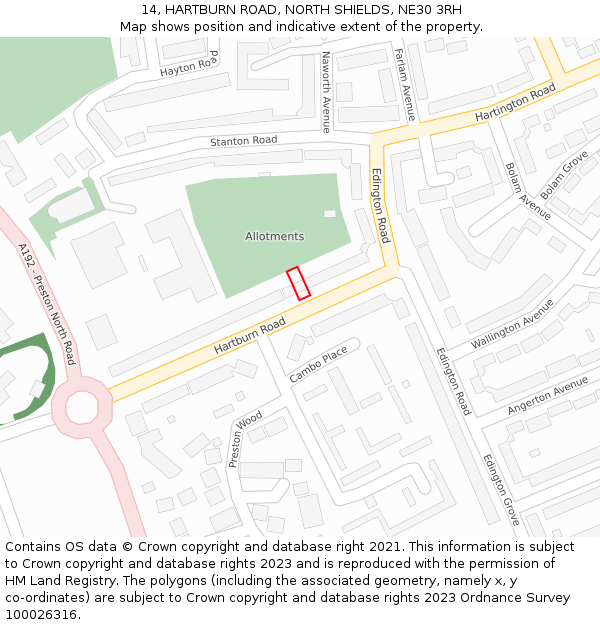 14, HARTBURN ROAD, NORTH SHIELDS, NE30 3RH: Location map and indicative extent of plot