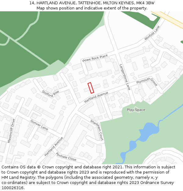 14, HARTLAND AVENUE, TATTENHOE, MILTON KEYNES, MK4 3BW: Location map and indicative extent of plot