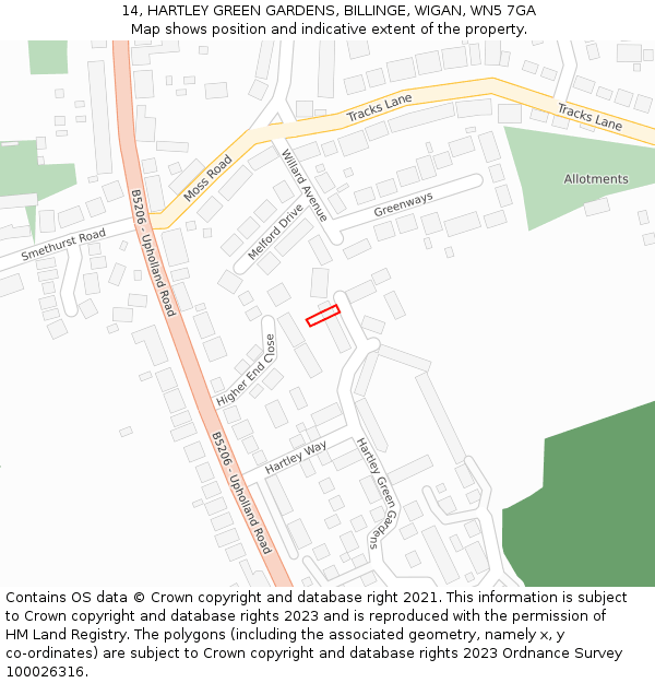 14, HARTLEY GREEN GARDENS, BILLINGE, WIGAN, WN5 7GA: Location map and indicative extent of plot