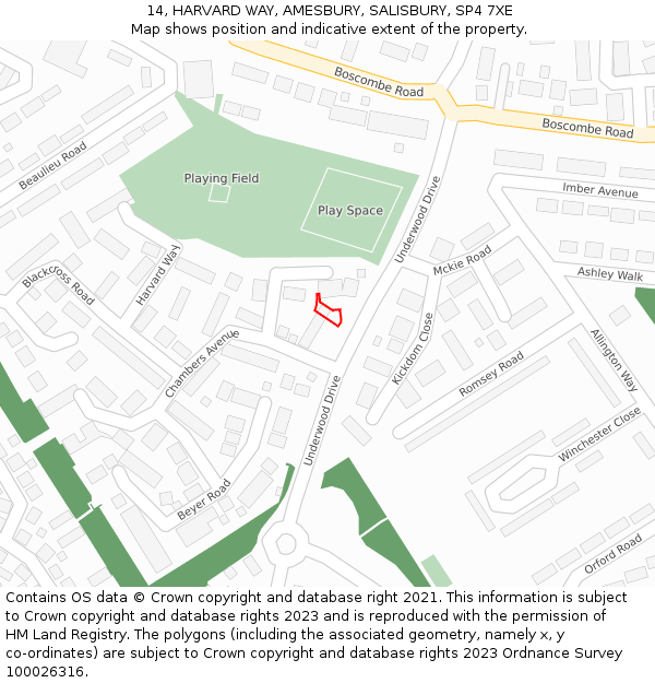 14, HARVARD WAY, AMESBURY, SALISBURY, SP4 7XE: Location map and indicative extent of plot