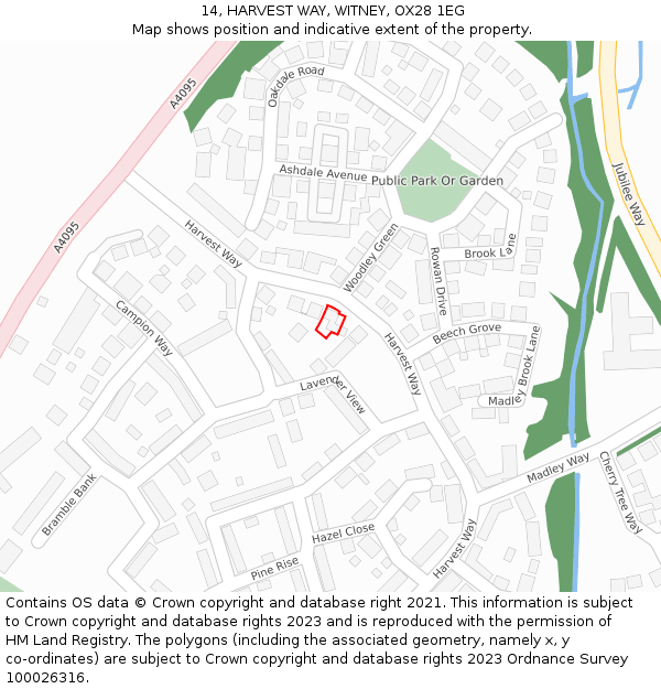 14, HARVEST WAY, WITNEY, OX28 1EG: Location map and indicative extent of plot