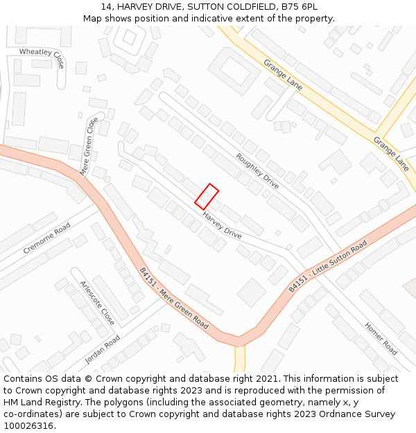 14, HARVEY DRIVE, SUTTON COLDFIELD, B75 6PL: Location map and indicative extent of plot