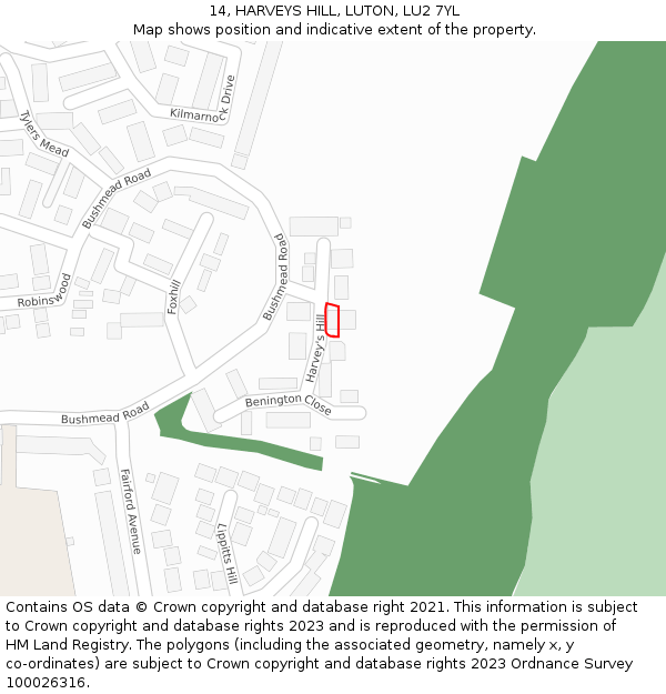 14, HARVEYS HILL, LUTON, LU2 7YL: Location map and indicative extent of plot