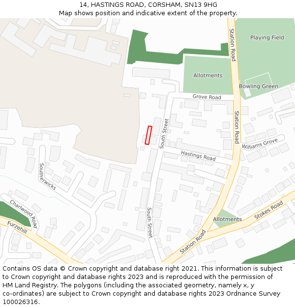 14, HASTINGS ROAD, CORSHAM, SN13 9HG: Location map and indicative extent of plot