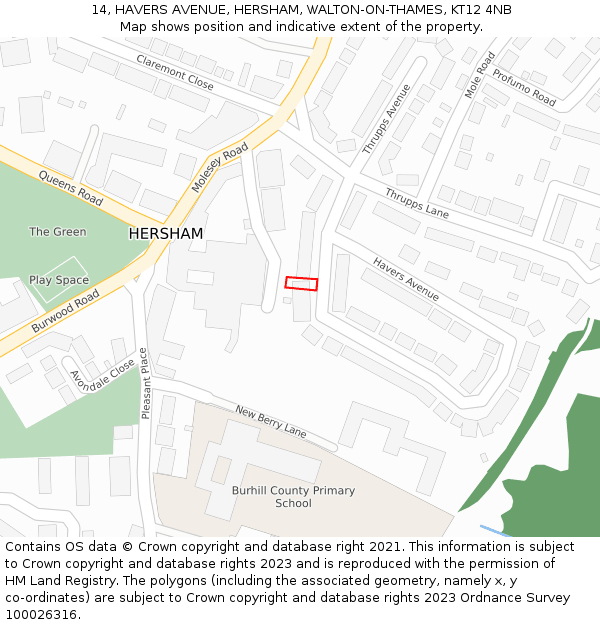 14, HAVERS AVENUE, HERSHAM, WALTON-ON-THAMES, KT12 4NB: Location map and indicative extent of plot