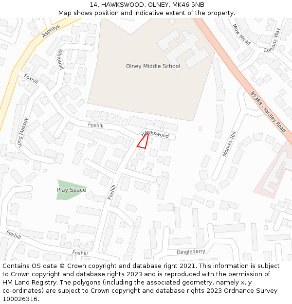 14, HAWKSWOOD, OLNEY, MK46 5NB: Location map and indicative extent of plot