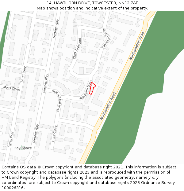 14, HAWTHORN DRIVE, TOWCESTER, NN12 7AE: Location map and indicative extent of plot
