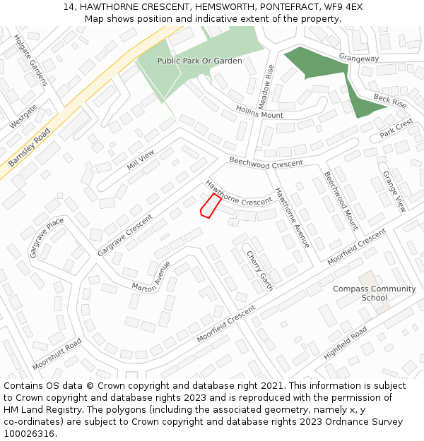 14, HAWTHORNE CRESCENT, HEMSWORTH, PONTEFRACT, WF9 4EX: Location map and indicative extent of plot