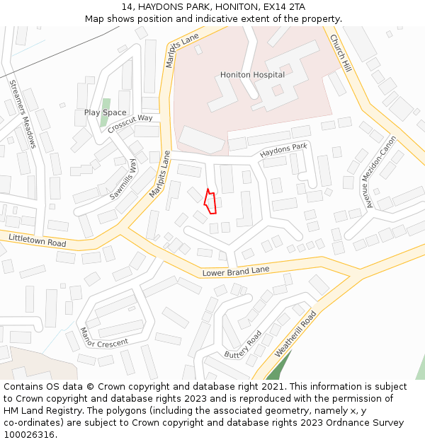 14, HAYDONS PARK, HONITON, EX14 2TA: Location map and indicative extent of plot