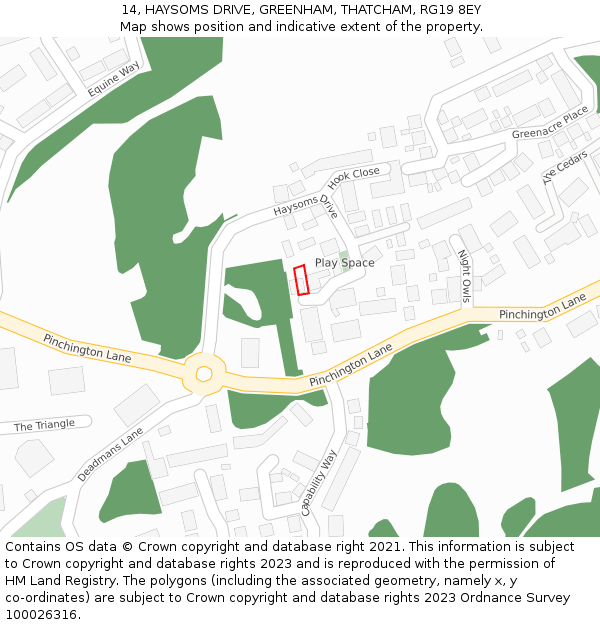 14, HAYSOMS DRIVE, GREENHAM, THATCHAM, RG19 8EY: Location map and indicative extent of plot