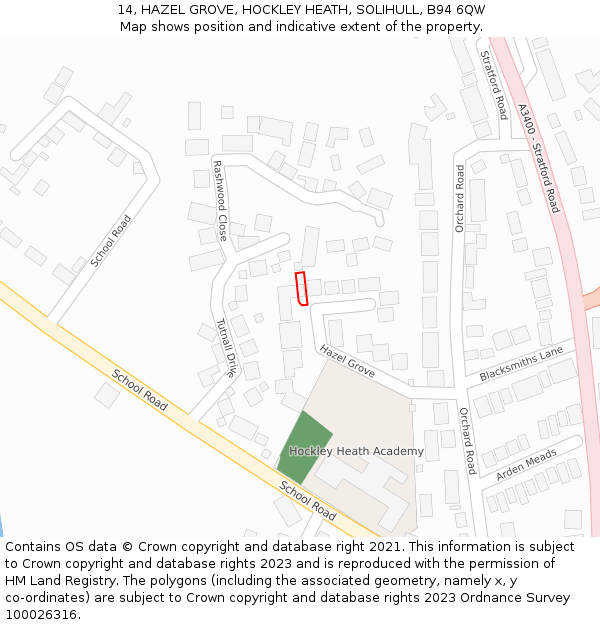 14, HAZEL GROVE, HOCKLEY HEATH, SOLIHULL, B94 6QW: Location map and indicative extent of plot